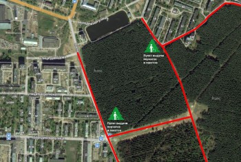 Места выдачи перчаток, мешков и граблей отмечены на карте, красными линиями выделены места, где можно оставить собранный мусор.